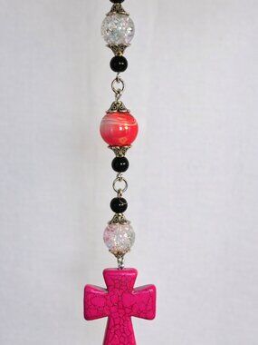 Pink Cross Car Mirror Charm • Beaded Rearview Mirror Accessory • Handmade